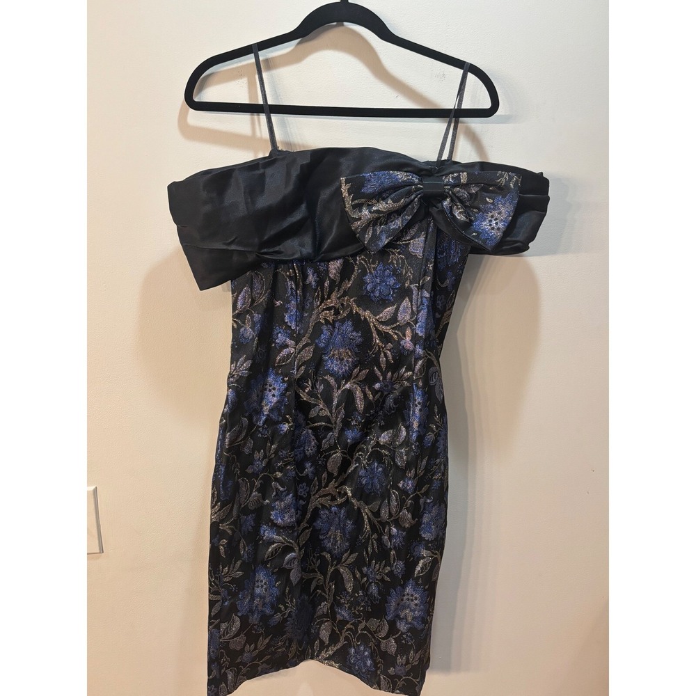 Vtg Jessica McClintock Floral Dress Off Shoulder Bow Cocktail Black Blue 11/12